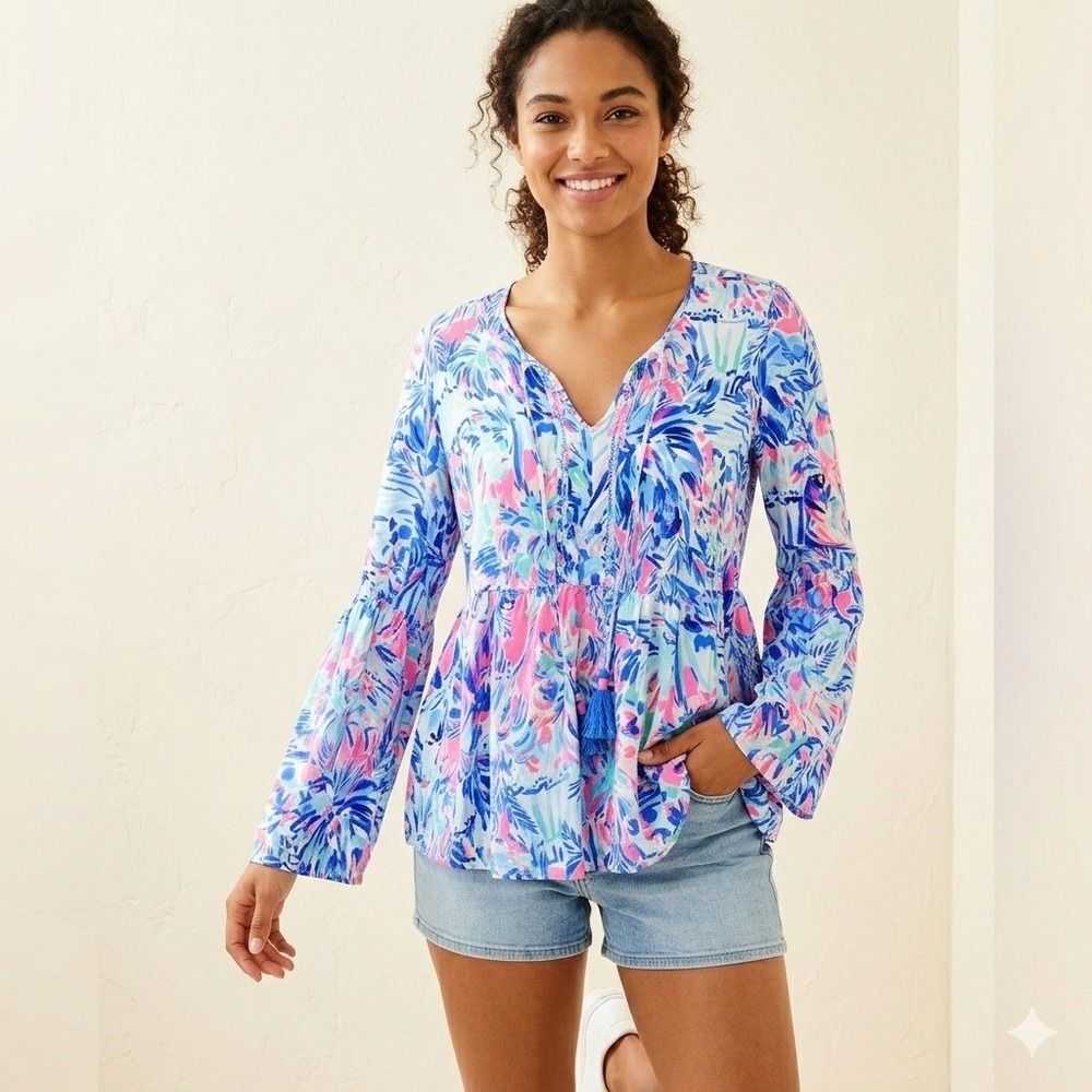 Lilly Pulitzer Womens Small Blue Pink Tropical Palm Bell Sleeve Tassel Top